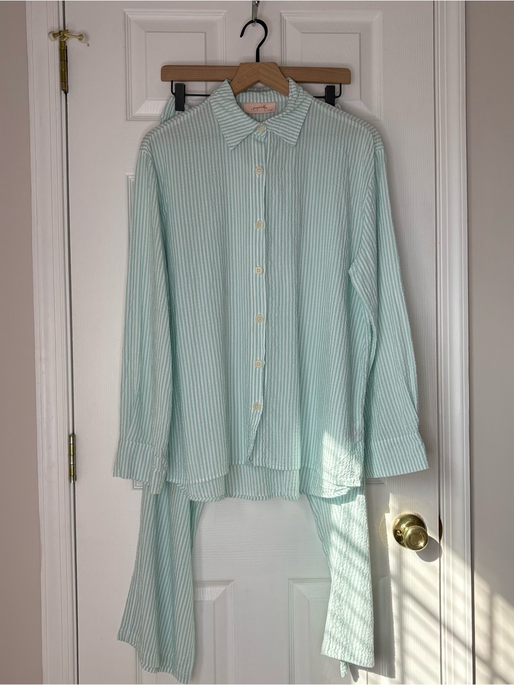 Papinelle Sabine Seersucker Stripe Full Length Pajama Set, Mint Green, M - Picture 2 of 16